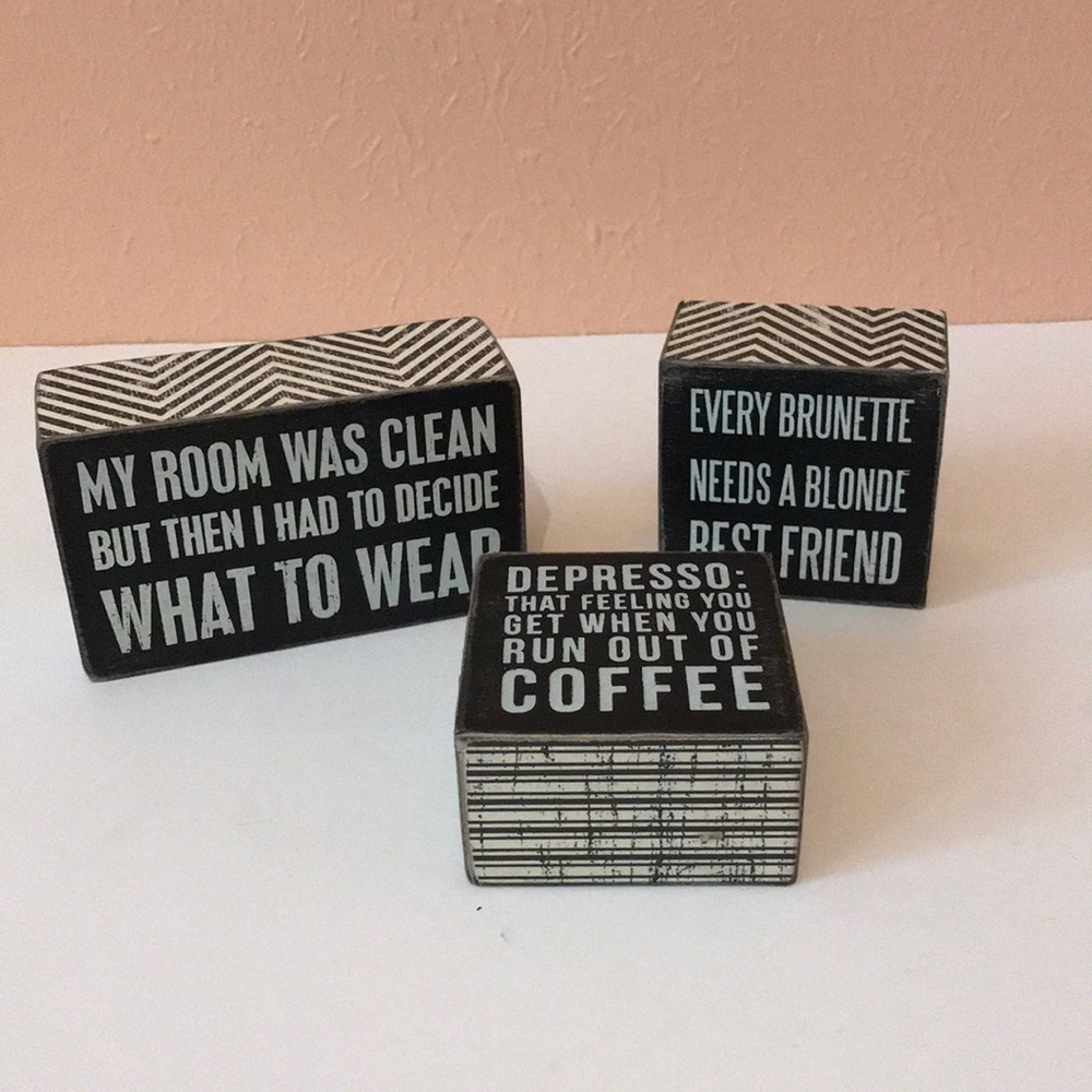 3 Wooden Box Signs “Brunette, Clean Room &…
